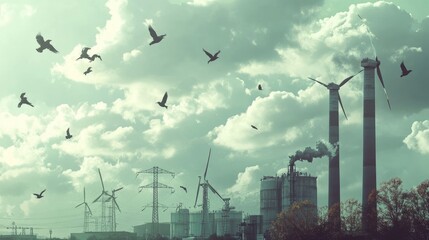 Aufkleber - Birds gliding over a wind power plant on a cloudy day, with wind turbines turning in the background, representing eco-friendly energy and environmental harmony