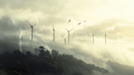 Aufkleber - Birds gliding over a wind power plant on a cloudy day, with wind turbines turning in the background, representing eco-friendly energy and environmental harmony