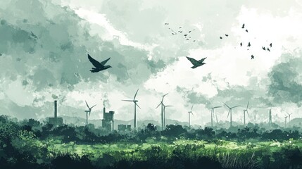 Aufkleber - Birds gliding over a wind power plant on a cloudy day, with wind turbines turning in the background, representing eco-friendly energy and environmental harmony