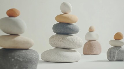 Aufkleber - Close-up shot of assorted pebbles stacked in perfect balance, symbolizing harmony and simplicity, displayed on a bright white backdrop