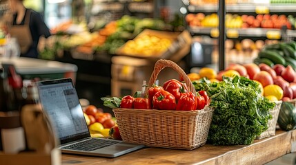 Fototapete - Online grocery shopping setup with a laptop and basket on a wooden table, supermarket aisle blurred in the background, no people