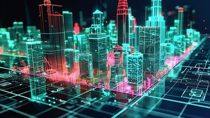 Poster - Digital cityscape at night showcasing vibrant neon lights and futuristic architecture