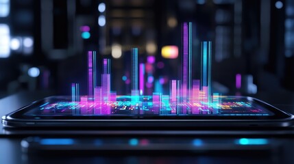 Poster - Futuristic holographic graphs and charts above a tablet, showcasing advanced data analysis in an innovative digital workspace, emphasizing modern technology