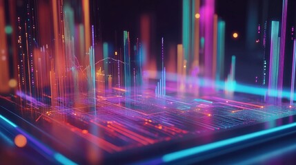 Poster - Holographic data visuals like charts and graphs hover above a tablet, representing modern and futuristic data analysis in a high-tech digital workspace