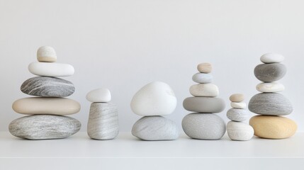 Aufkleber - Side view of smooth, assorted pebbles carefully stacked in perfect balance on a clean white background, evoking a sense of peace and order