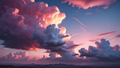 Wall Mural - pink and blue cloud formations cast a serene glow on the landscape at sunset, relaxed mood, soft hue