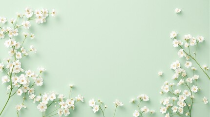 white gypsophila flowers on pastel green background flat lay top view
