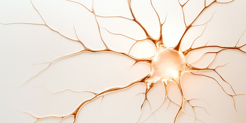 Poster - A minimalistic neuron structure is depicted with connecting thin lines. The setting features a neutral backdrop with even soft lighting, suggesting a serene midday atmosphere