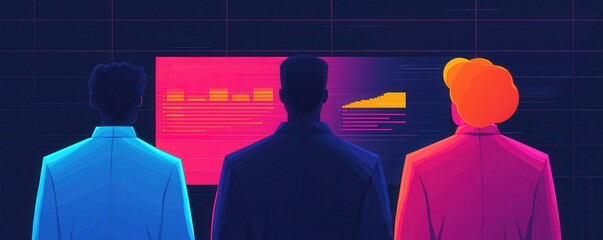 Poster - Three silhouettes observe a vibrant screen displaying data and graphs, suggesting a futuristic or analytical setting.