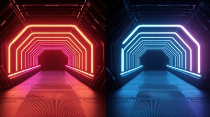 Poster - A visually striking corridor divided by vibrant red and blue neon lights, creating a futuristic, cyberpunk atmosphere.