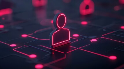 Poster - A neon outline of a person stands prominently among digital nodes, symbolizing connectivity in a technological landscape.