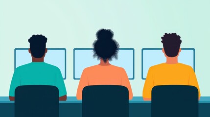 Poster - Three individuals are seated at desks, focused on their computer screens, showcasing a collaborative work or study environment.