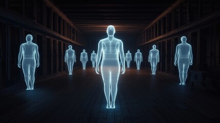 Poster - A group of ethereal, holographic figures stands in a dark corridor, creating a futuristic and mysterious atmosphere.