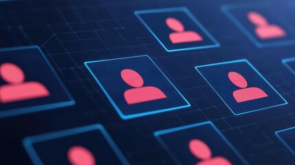 Poster - A digital grid features stylized user icons in red, highlighting connections in a modern, tech-inspired design.