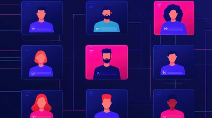 Poster - A digital illustration featuring diverse avatars arranged in a grid, showcasing modern technology and social connectivity themes.