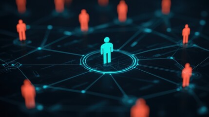 Poster - A digital network visualization showing one central figure in blue surrounded by multiple figures in red, representing connectivity and relationships.