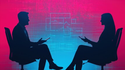 Poster - Silhouettes of two people engaged in conversation against a vibrant, digital background, symbolizing communication and interaction.