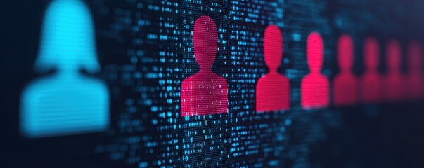 Poster - The image features stylized silhouettes of people in blue and red against a digital background, symbolizing data representation or online interactions.