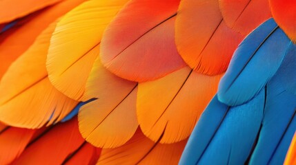 Poster - Soft close-up of intertwined orange and blue feathers, glowing under natural light and capturing their delicate beauty