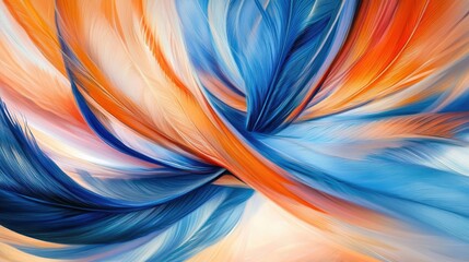 Poster - Soft close-up of intertwined orange and blue feathers, glowing under natural light and capturing their delicate beauty