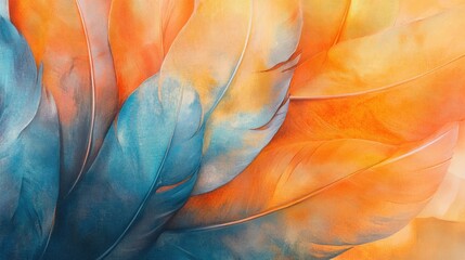 Poster - Soft close-up of intertwined orange and blue feathers, glowing under natural light and capturing their delicate beauty