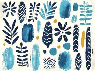 Poster - Serene Tribal Patterned Background with Flowing Water Inspired Motifs in Soft Blues and Grays