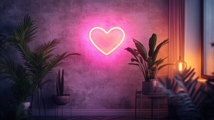 Poster - Stylish interior showcasing a heart neon light glowing softly on a textured wall, framed by modern decor and plants