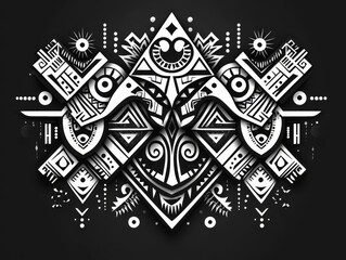 Poster - Minimalist Tribal Background with Symmetrical Angular Geometric Patterns in Grayscale