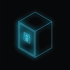 Poster - Glowing neon blue isometric safe box on black background representing concept of safety and security
