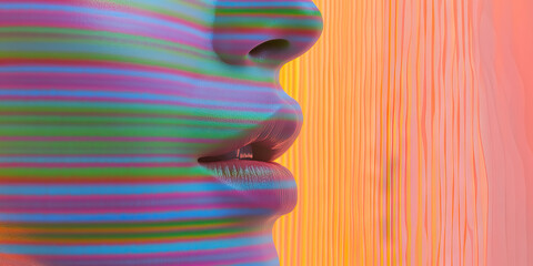 Poster - Close-up of a Multicolored Striped Face with Orange Background
