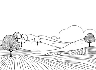 simple one line black doodles landscape with fields