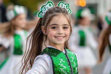 A cheerful young girl wearing a vibrant green costume beams at the camera, showcasing her enthusiasm and joy while performing in a festive parade. Her expression radiates happiness.