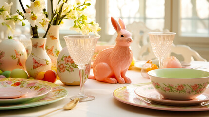 Poster - Elegant spring table setting adorned with pastel dishes and decorative bunny figurine