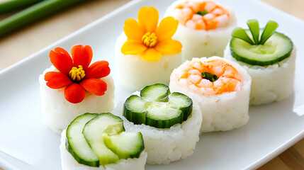 Poster - Colorful sushi rolls artfully arranged on a white plate with fresh vegetables and decorative garnishes