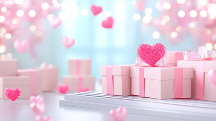 Poster - Festive romantic gift display with pink boxes and hearts for special occasions and celebrations