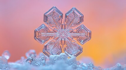 A perfectly symmetrical snowflake in high detail against a soft blurred background