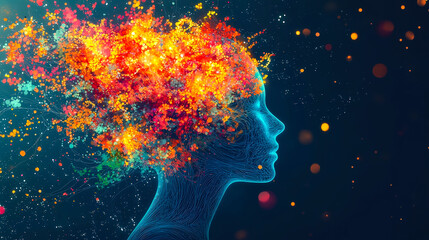 Fototapete - Creative representation of a woman's head illuminated with vibrant colors depicting imagination and thought
