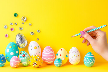 Poster - Creative pastel Easter eggs displayed with a hand painting intricate designs against a bright yellow background