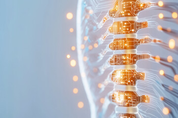 Poster - A thin line human spine features intricate circuit patterns, symbolizing the integration of technology and physiology. Bright, even light enhances the minimalist aesthetic in a neutral setting
