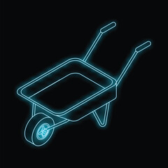 Poster - Neon wheelbarrow glowing on a black background, an illustration of a gardening tool