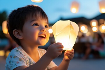 Wall Mural - A joyful toddler is illuminated by a soft lantern light, reflecting pure happiness against a backdrop of celebratory ambiance, showcasing the magic of childhood moments.