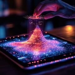 Poster - glowing digital tablet displaying a futuristic sales funnel graph with streaming data analytics