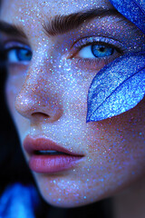 Aufkleber - Close-up of a woman with sparkling glitter on her face and blue leaves as decorative elements during twilight