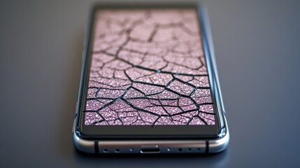 Wall Mural - Cracked Surface on Smartphone Screen Close-Up, Abstract Texture Image