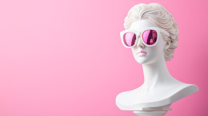 Aufkleber - Stylish white bust sculpture wearing oversized pink sunglasses against a vibrant pink background