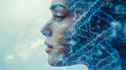 Poster - Woman's profile surrounded by digital DNA strands representing genetics and technology fusion