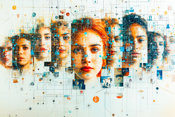 Poster - Multiple portraits of diverse individuals with digital overlays representing technology and connection