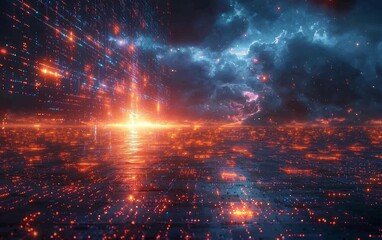 Poster - Futuristic Cityscape with Glowing Real Time Data Projections Mapping Urban Activity and Commerce
