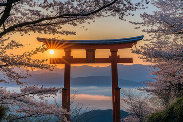 Poster - Japanese cherry blossoms framing a torii gate at sunrise