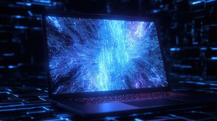 Poster - laptop with an abstract colorful screen, on a futuristic platform, used for digital designs